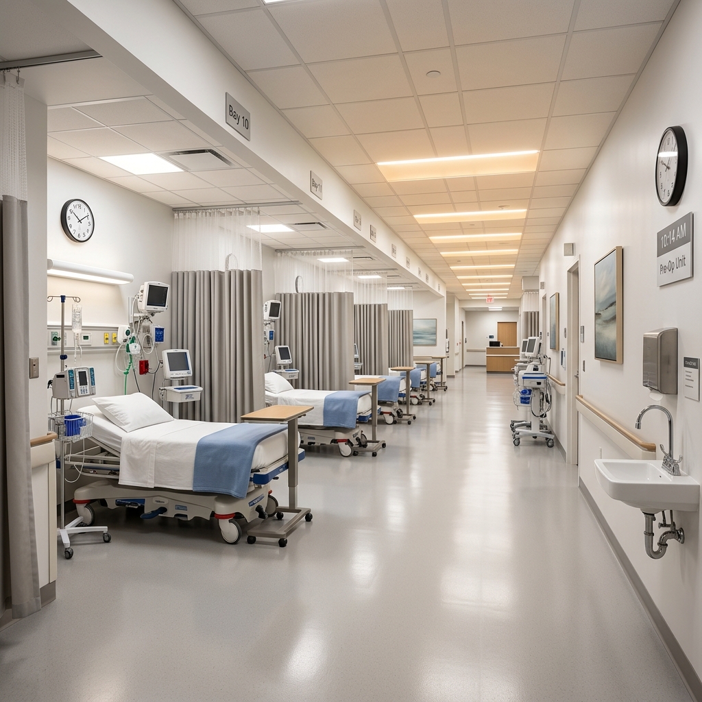 Modern ambulatory surgical center pre-op bay — clean, well-lit, orderly